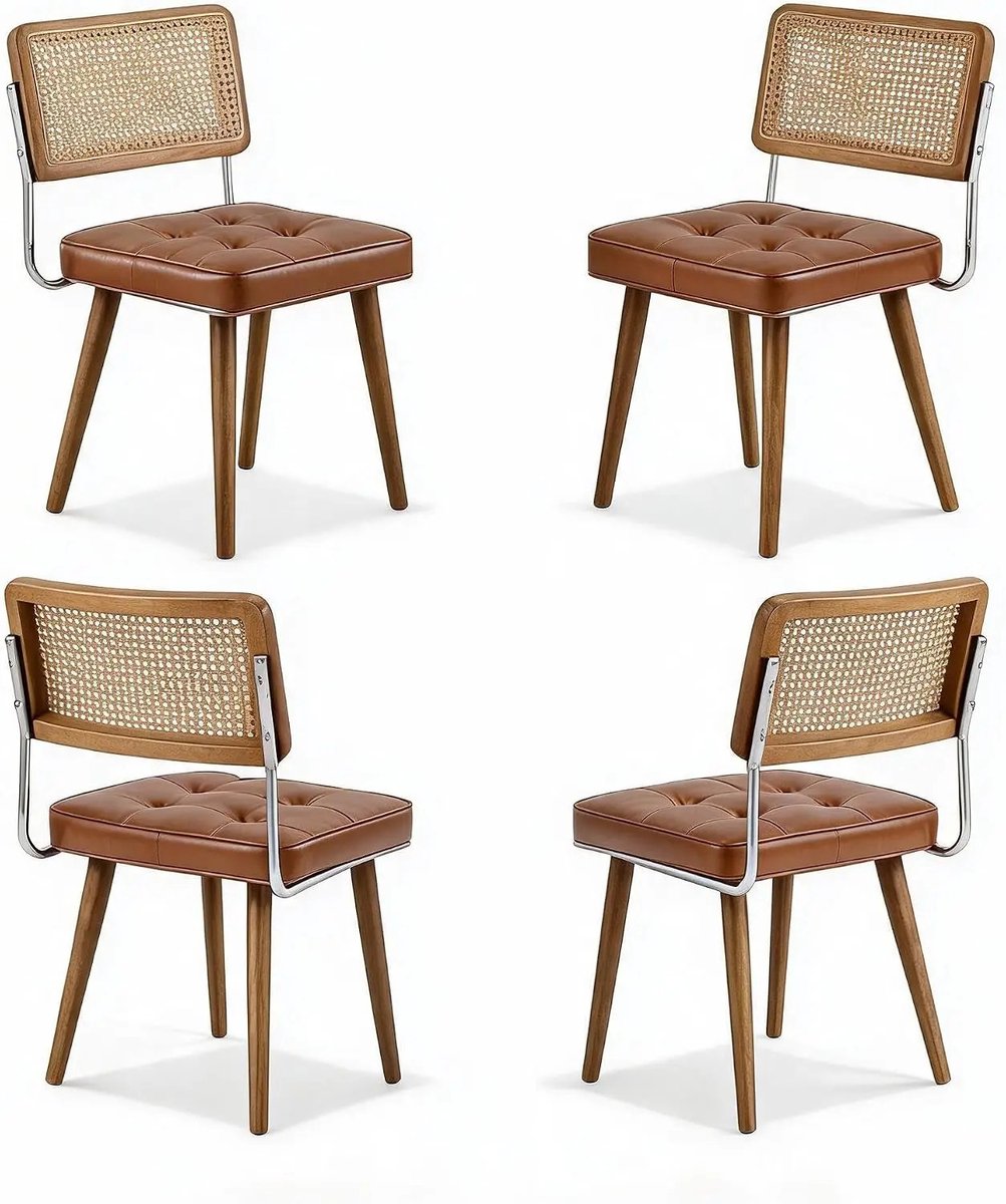 Gudalio Eetkamerstoelen - Eettafel Stoelen - Set van 4 - Boheemse stijl - Gewatteerde Zitting - Rotan - Houten poten - Bruin