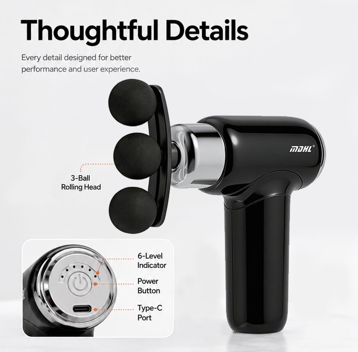 MDHL Massage Gun - Fascial Gun - Massage Gun mini - Incl. 9 opzetstukken - Massage Apparaat - Spier massage - Spierherstel en Relax massage - Draadloos - Oranje/Zwart — cadeau in Sport & Outdoor - foto 7