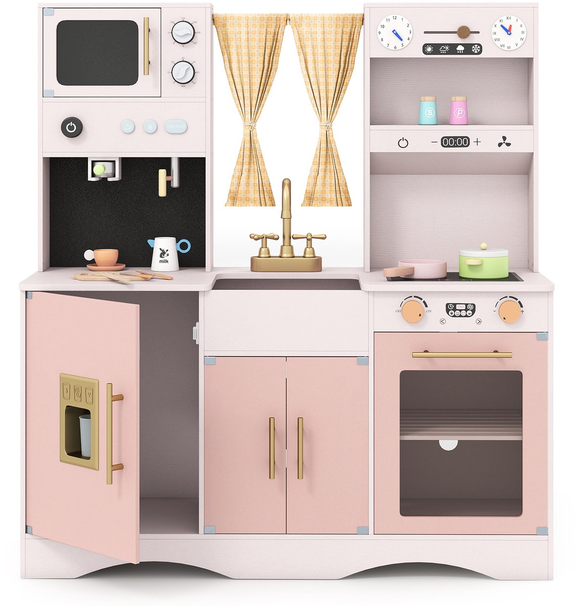 COSTWAY Kinderkeuken hout, speelkeuken met gordijnen, speelgoedkeuken, roze