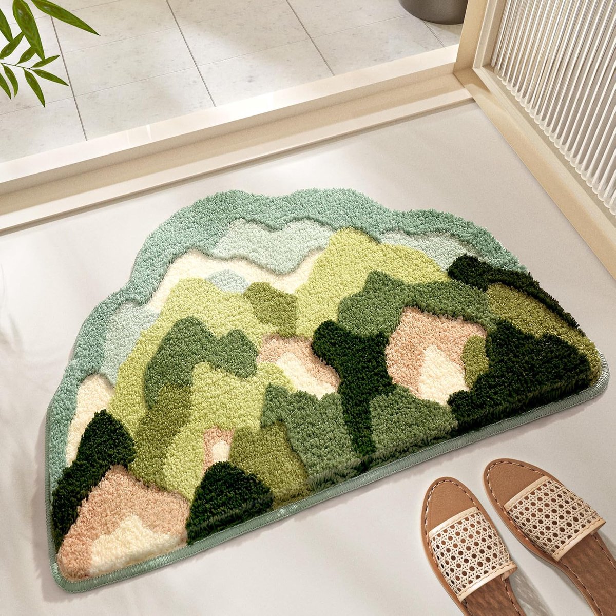Bloemen shaggy badmat 40 × 60 cm, extra zacht en sterk waterabsorberend, antislip pluizig tapijt, machinewasbaar voor badkamer, bad en douche, bosgroen