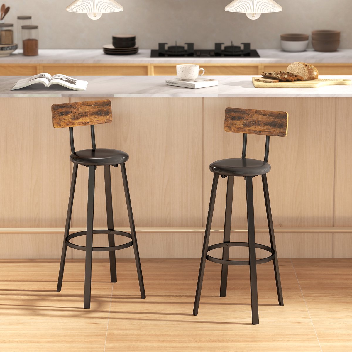 M-Goods Barstoelen Set van 2 met Rugleuning - Industrieel Design - Metalen Frame - Rustiek Bruin