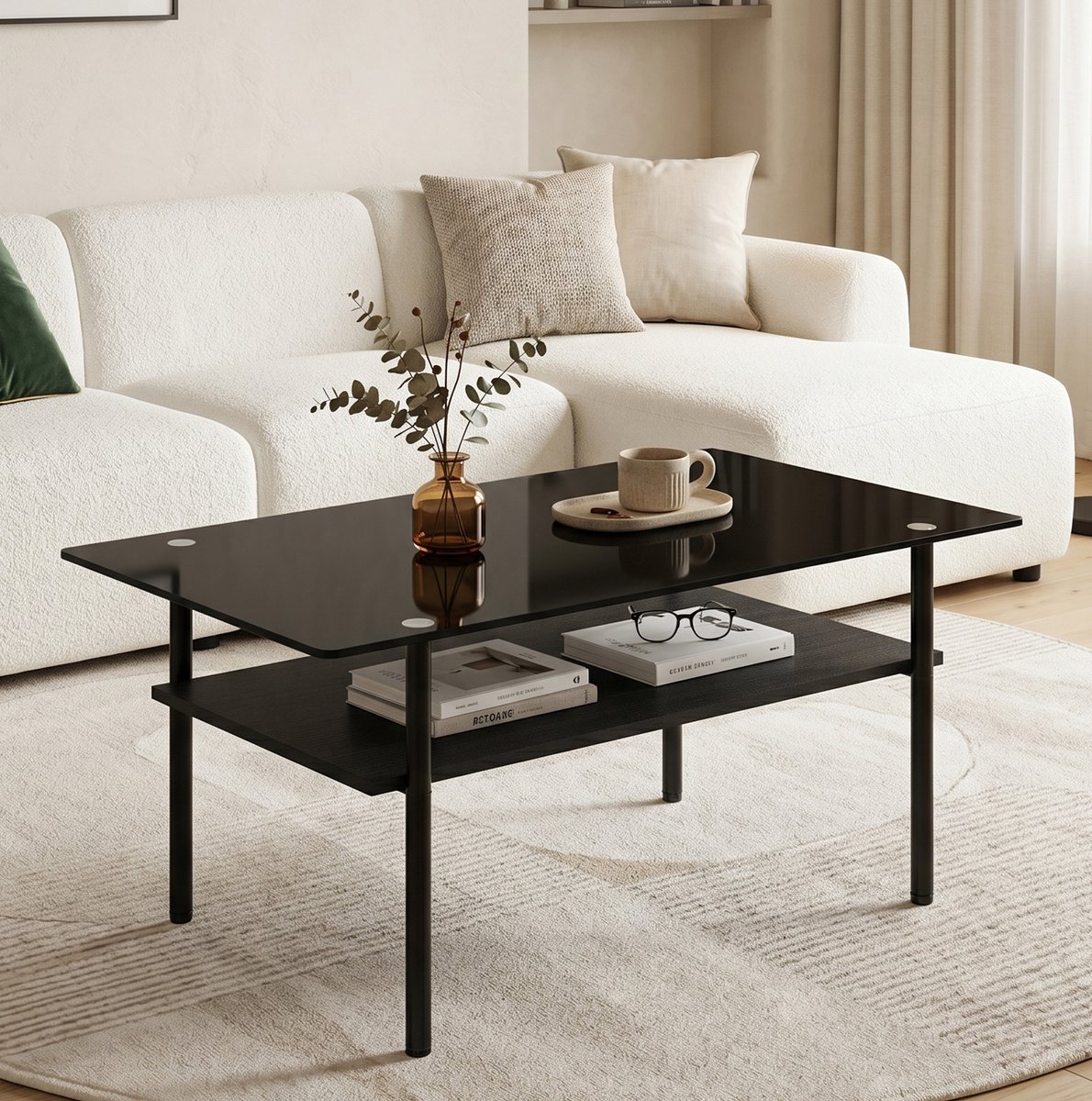 REDOM - Salontafel - 2 niveaus opbergruimte - Rechthoekig ontwerp - MDF onderblad - Moderne stijl - Woonkamer - Glas en metaal - Zwart - 97,7 x 57,7 x 45 cm