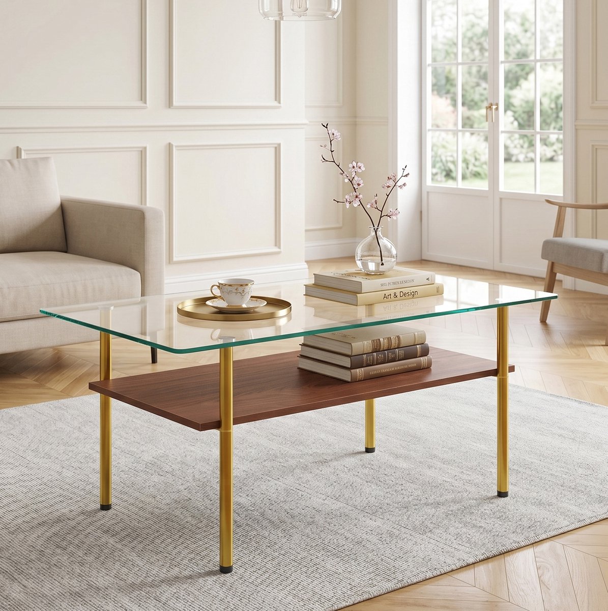 REDOM - Salontafel - Glasplaat - MDF opbergplank - Metalen frame - Modern - Woonkamer - Bruin en Goud - 97,7 x 57,7 x 45 cm