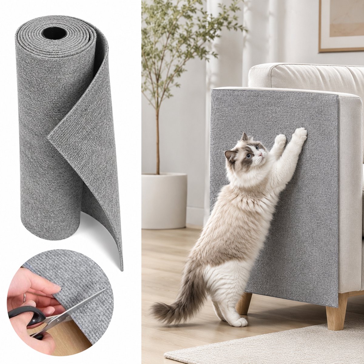 Kattenkrabmat -Zelfklevende Kattenkrabmat 300x40cm - XXL Meubelbeschermer voor Bank en Muur -Op maat te snijden krabmat voor katten- DIY Krabpaal Bekleding - Slijtvast Vilt voor Katten -Grijs