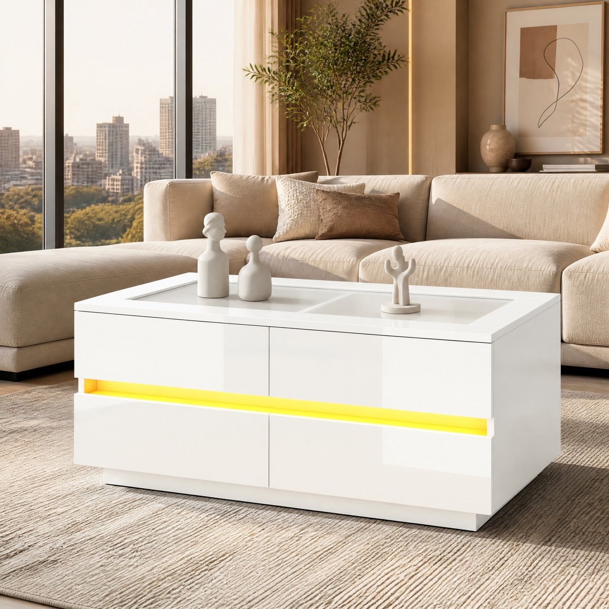 REDOM - Salontafel - 4 lades - Gehard glazen blad - LED-verlichting - Modern - Woonkamer - Spaanplaat en glas - Wit - 100 x 50 x 40 cm