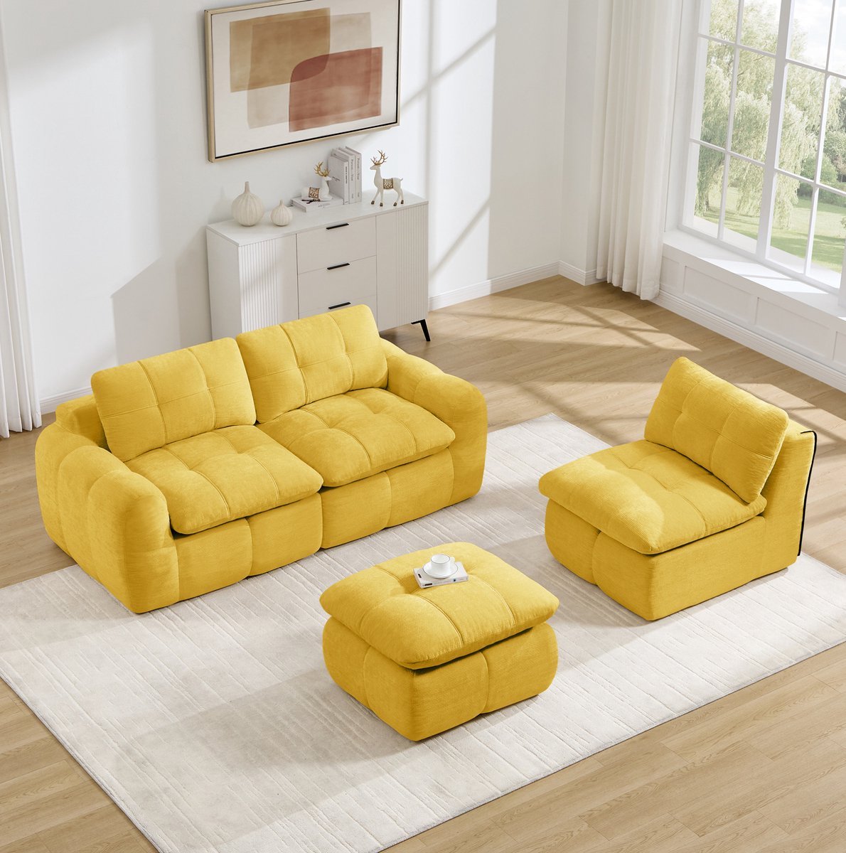 REDOM - Hoekbank - L-vormige modulaire bank - Zonder montage - Chenille bekleding - Woonkamer en appartement - Geel - 264 x 160 x 68 cm