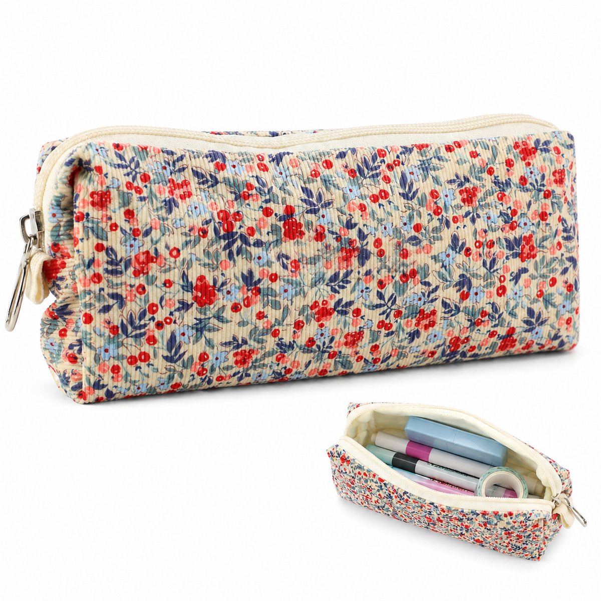 VHV Etui Bloemetjesprint - Pencil Case Dames - -20 x 4.5 x 7 cm-Corduroy Pennenetui - Make-up Tas en Organizer - Voor School Examen, Kantoor - Beige