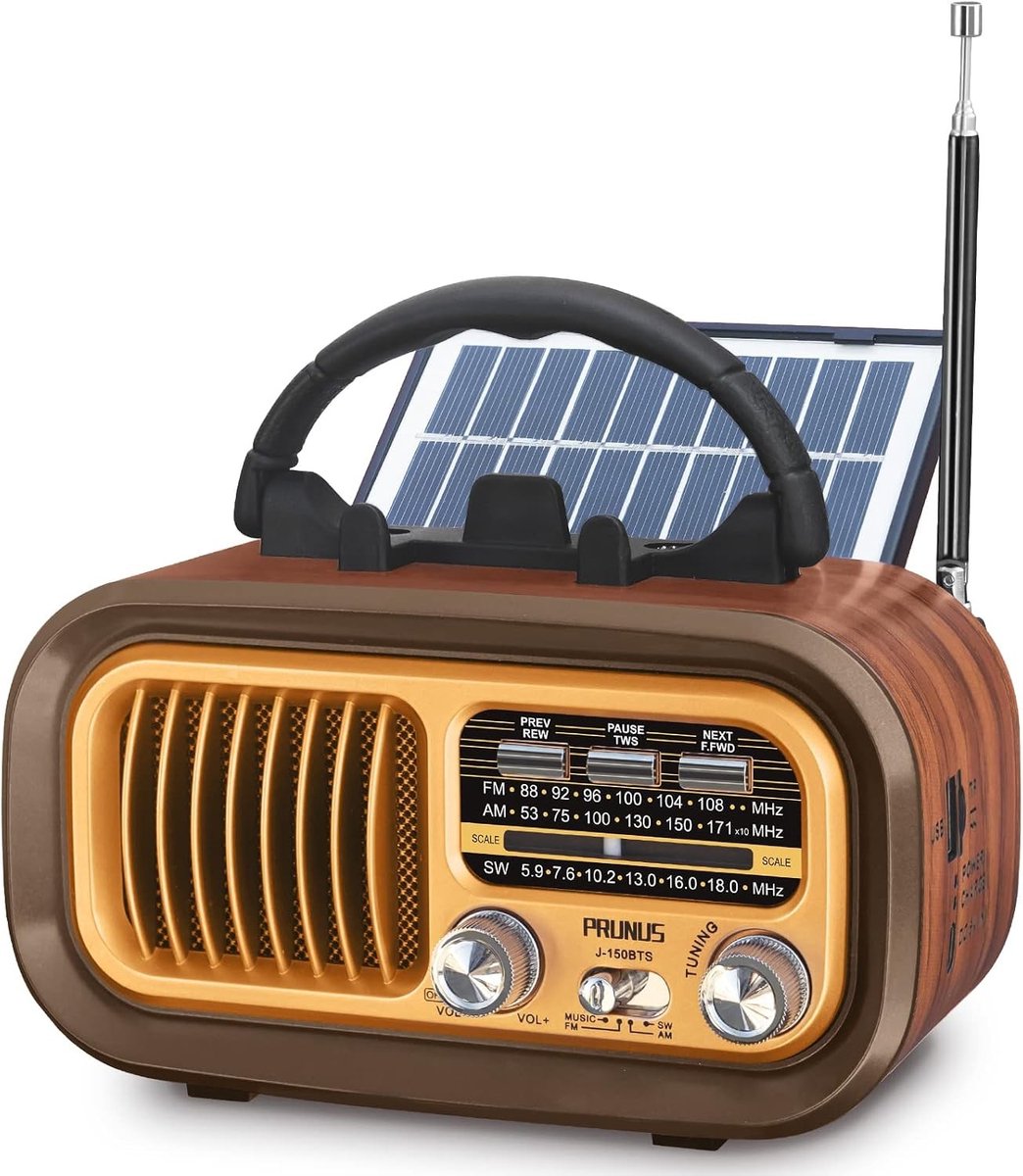 Draagbare Retro Radio - Zonnepaneel - 17 x 9,5 x 10,7 cm - Compacte Radio met Bluetooth en Zonnepaneel - Voor Kamperen en Vissen