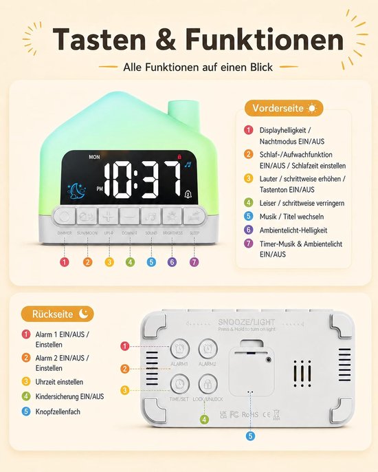 Kinderwekker Slaaptrainer - Nachtlampje Kinderkamer - Avondroutine Leren - Zon Maan Symbool - USB-C - Wit — afbeelding 3
