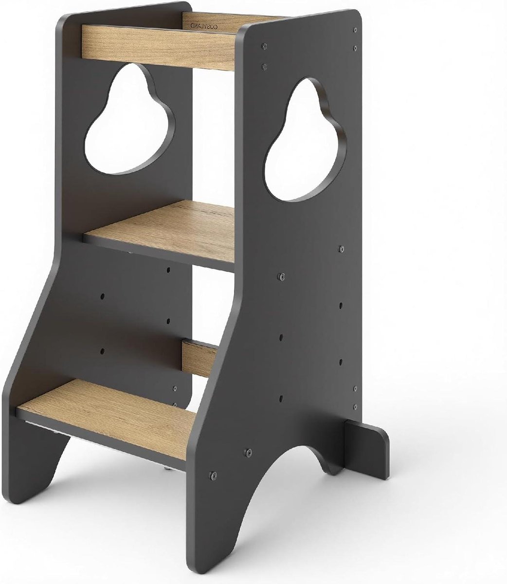 Houten Leertoren - Keukentrapje Kinderen - Kinderen Helpen - 3 Verstelbare Hoogtes - 85 cm Hoog - Naturel Zwart