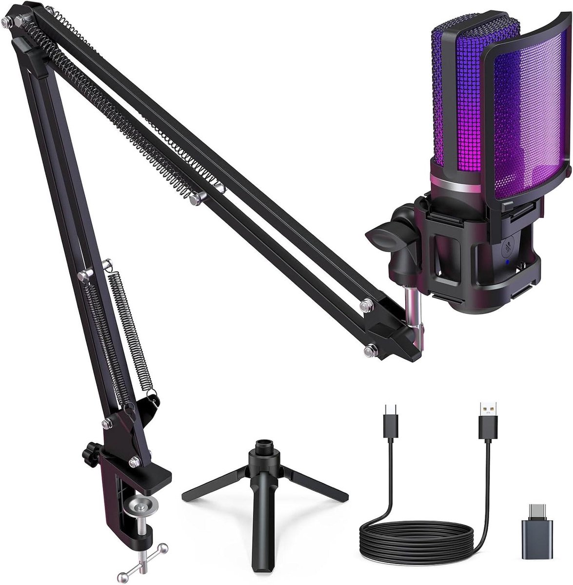 USB Microfoon Kit - Condensator Microfoon - Content Creatie - RGB Verlichting - 96kHz - Zwart