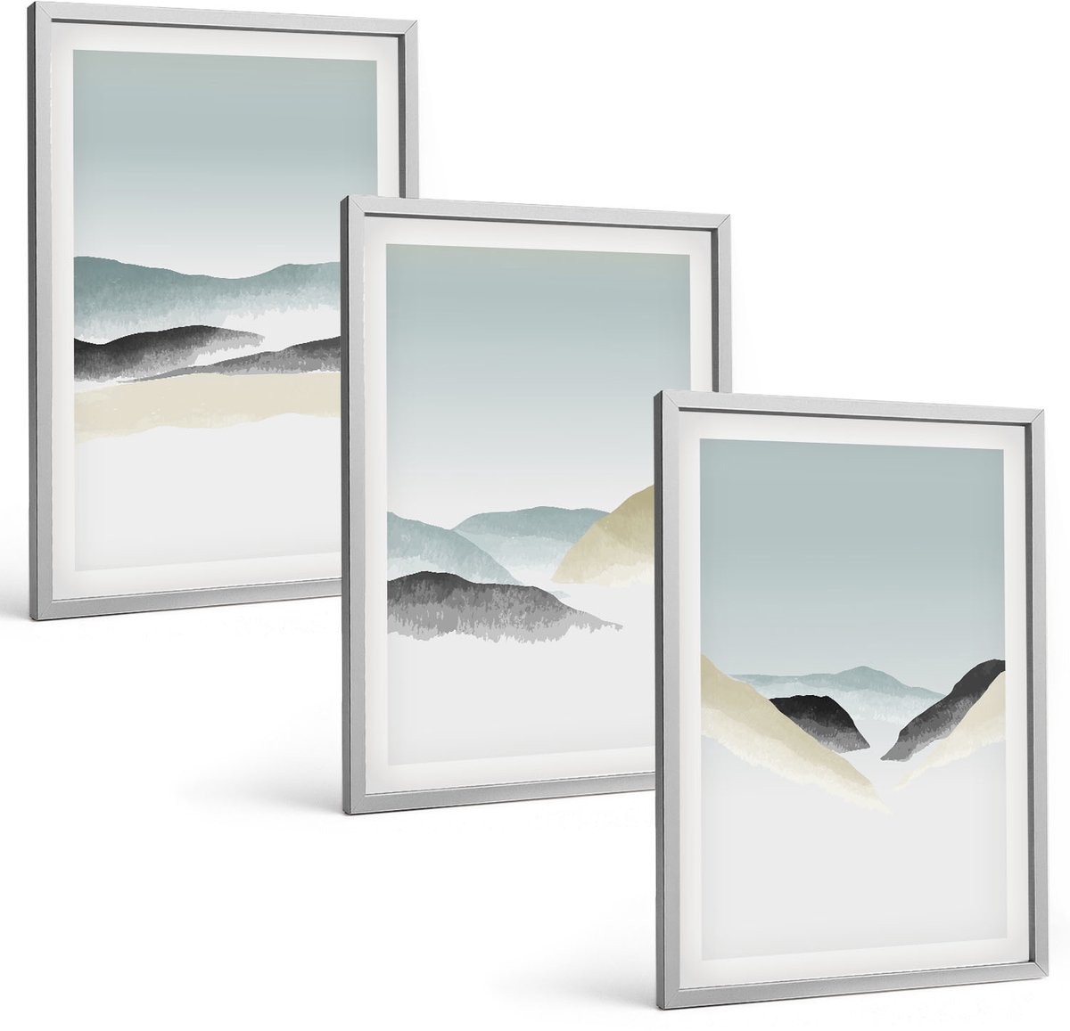 Coloray 3-Delige Schilderij Set - Minimalistische Bergen In Delicate Pasteltinten - 40 x 60 cm - Muurdecoratie - Wanddecoratie - Slaapkamer - Decoratieve Schilderijen