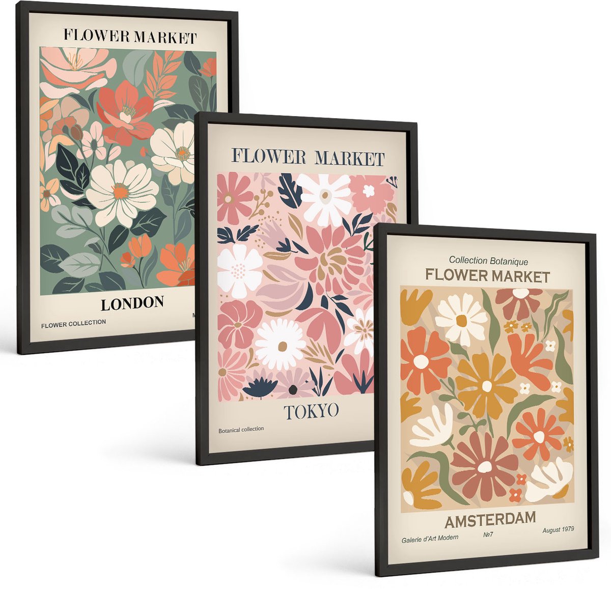 Coloray 3-Delige Schilderij Set - Posters Met Bloemenpatronen Uit Londen, Tokio En Amsterdam - 40 x 60 cm - Muurdecoratie - Interieur Decoratie
