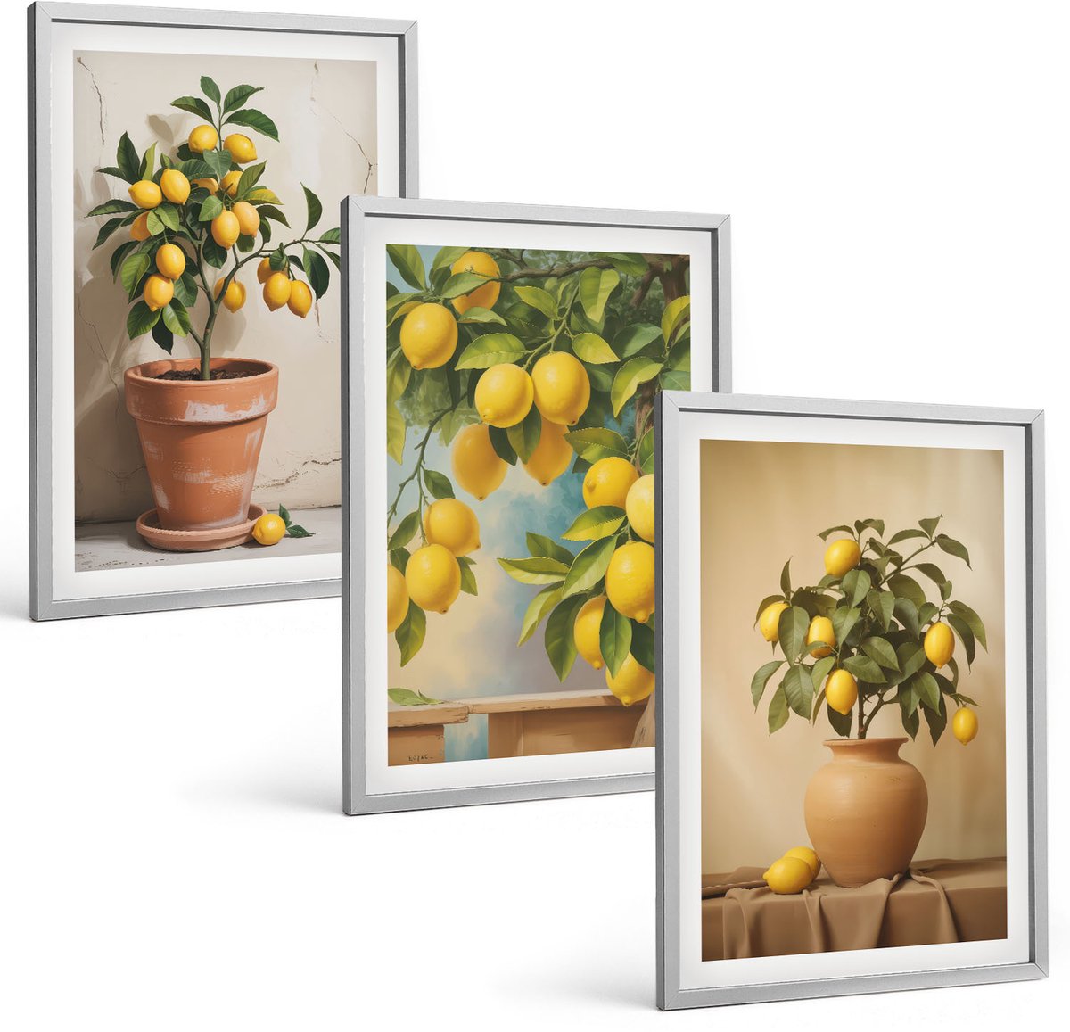 Coloray 3-Delige Schilderij Set - Citroenbomen In Potten En Vazen - 40 x 60 cm - Stijlvolle Muurdecoratie - Slaapkamer - Decoratieve Schilderijen