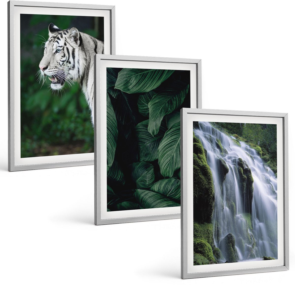 Coloray 3-Delige Schilderij Set - Tijgerwitte Bladeren En Een Waterval In Een Natuurlijke Omgeving - 40 x 60 cm - Wanddecoratie - Woonkamer Decoratie