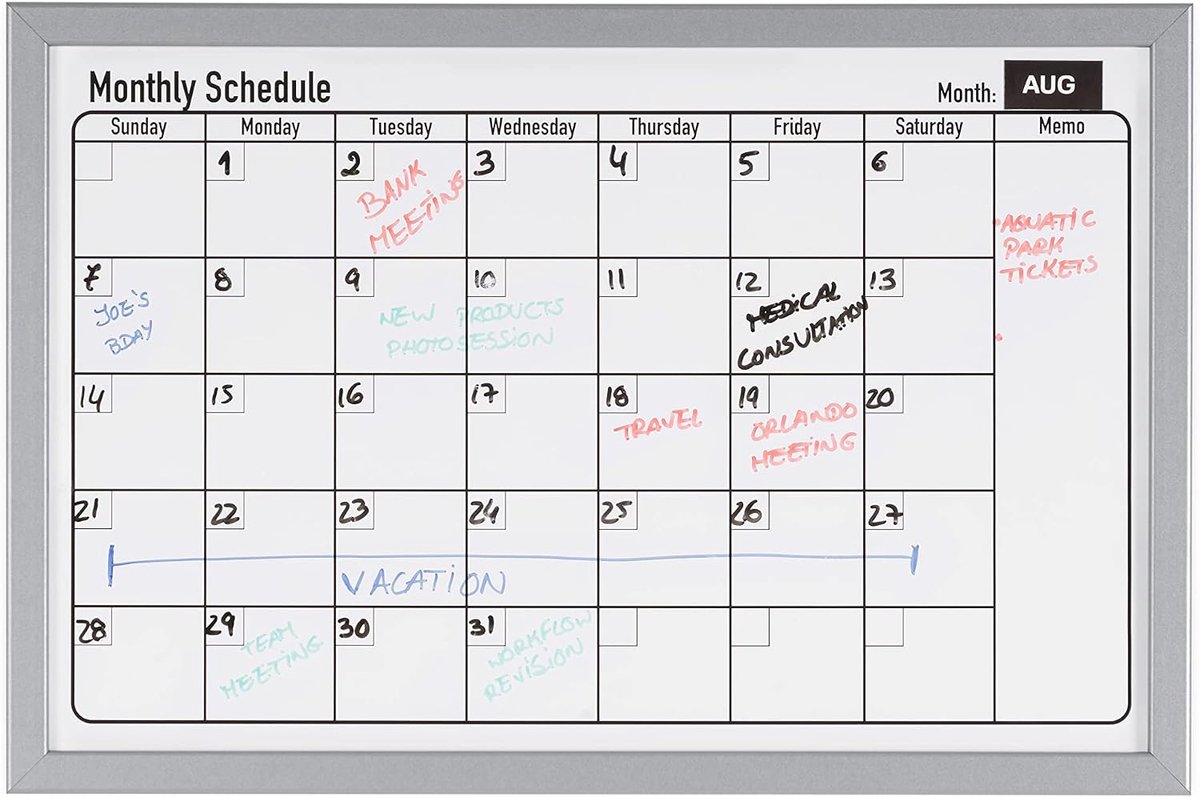 Maand Planner Met Magnetisch Oppervlak, Zilverkleurig MDF Omlijsting, 60 x 40 cm