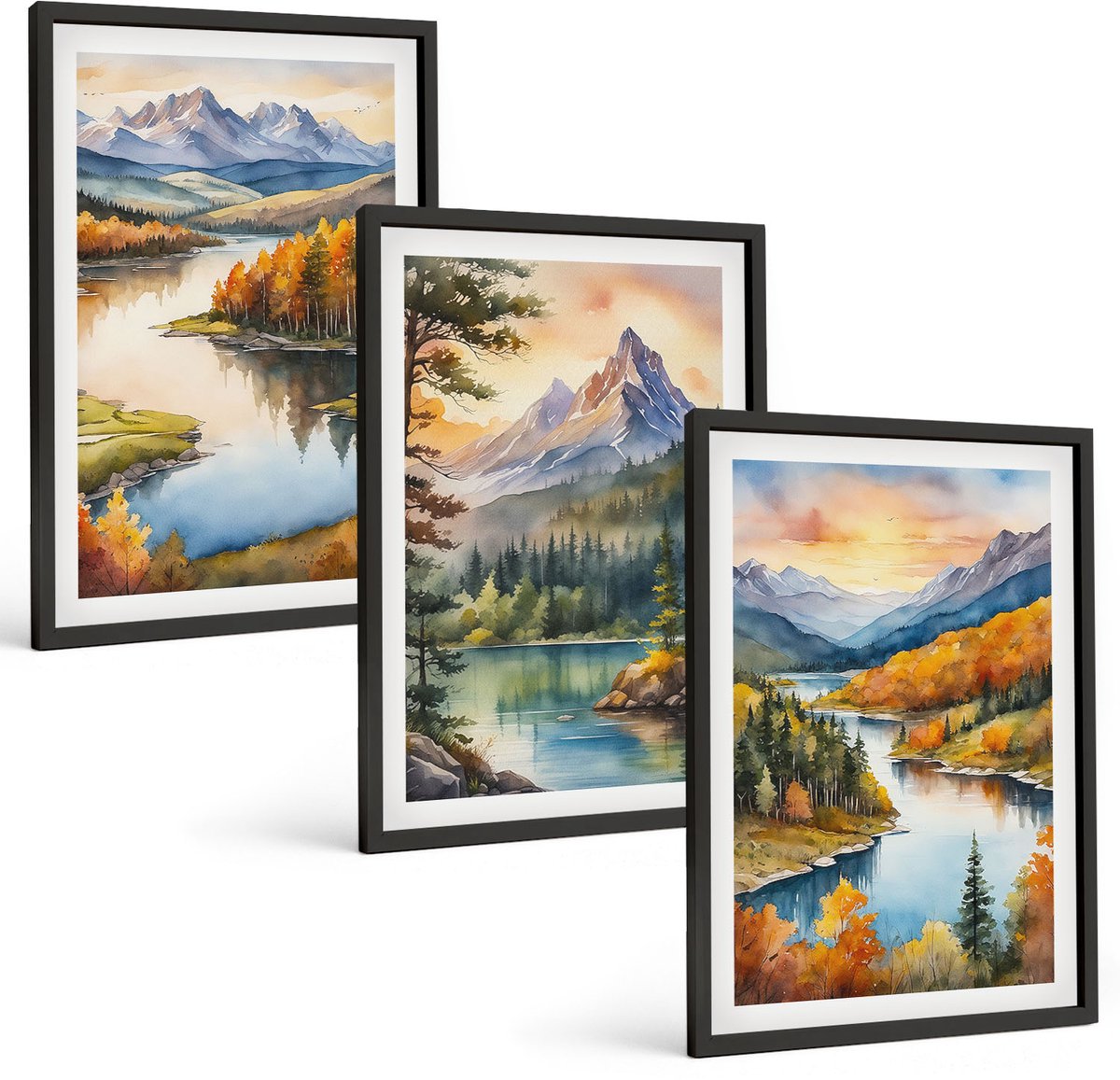 Coloray 3-Delige Schilderij Set - Berglandschappen Met Een Rivier En Kleurrijke Bomen - 40 x 60 cm - Muurdecoratie - Interieur Decoratie - Stijlvolle Muurdecoratie