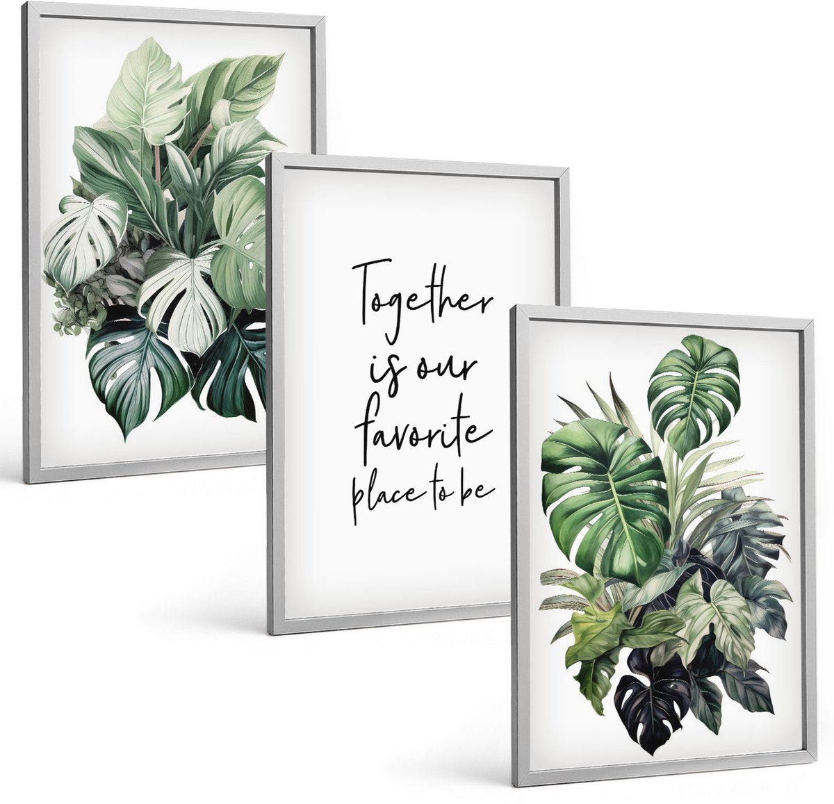 Coloray 3-Delige Schilderij Set - Groene Bladeren Van Tropische Planten Met Decoratieve Inscriptie - 40 x 60 cm - Wanddecoratie - Muurdecoratie - Woonkamer - Interieur Decoratie