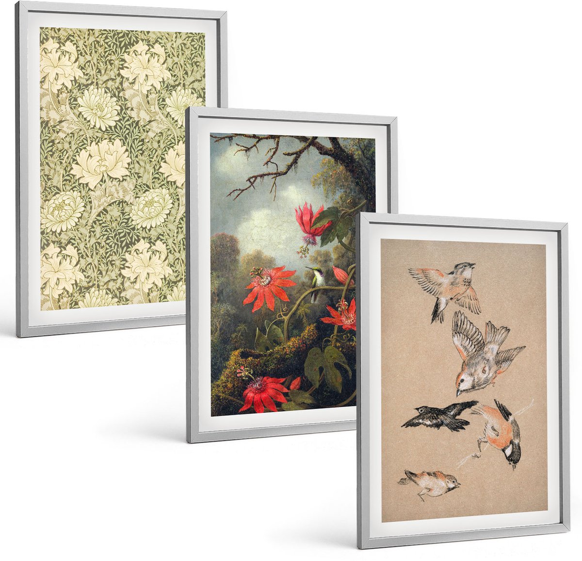 Coloray 3-Delige Schilderij Set - Bloemen En Vogels In Een Natuurlijke Omgeving - 40 x 60 cm - Wanddecoratie - Moderne Interieurdecoratie - Moderne Wanddecoratie