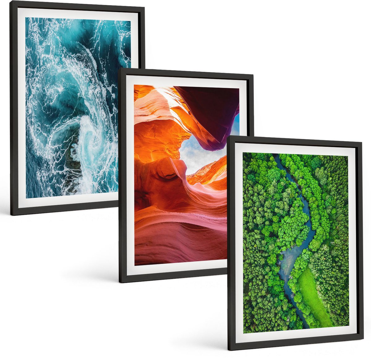 Coloray 3-Delige Schilderij Set - Water In Beweging, Kloof En Bos, Groene Natuur - 40 x 60 cm - Stijlvolle Wanddecoratie - Interieur - Interieur Decoratie