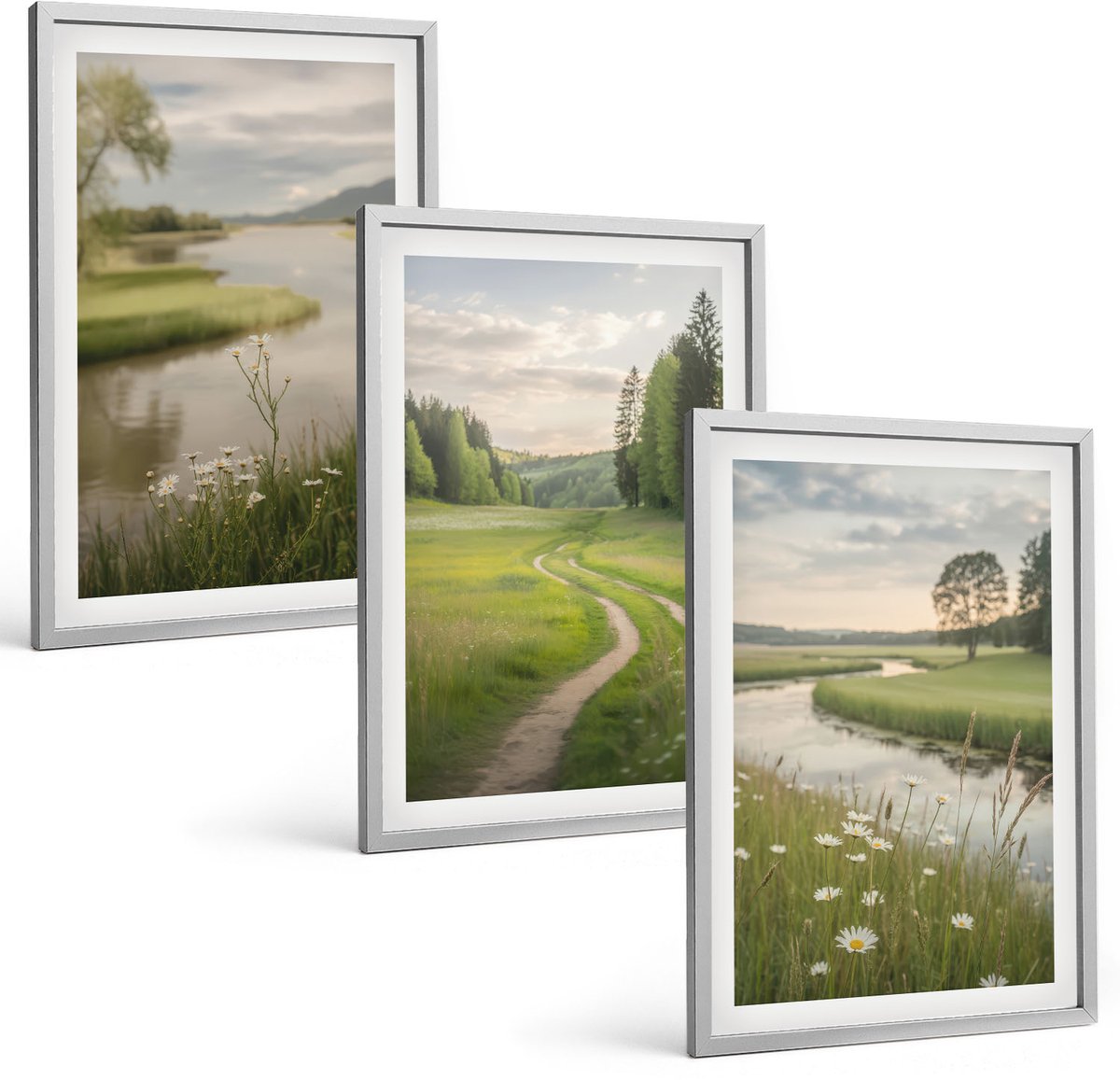 Coloray 3-Delige Schilderij Set - Vreedzame Zomerlandschappen Met Een Rivier En Een Bloemenweide - 40 x 60 cm - Wanddecoratie - Woonkamer Decoratie - Interieur Decoratie