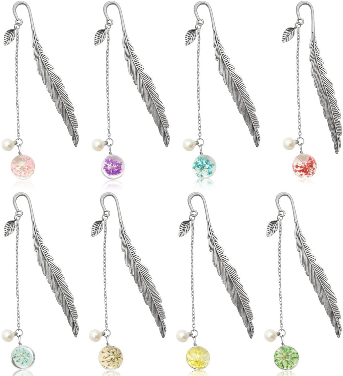 8 stuks Boekenleggers – Metaal – Met Gedroogde Bloem & Parel – 11,6 cm – Vintage – Cadeau voor Lezers