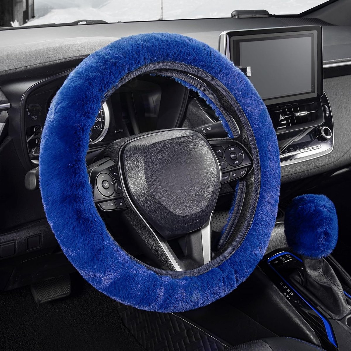 1 set van twee stuks - Auto stuurbehuizing - Stuurbehuizing set - Zacht pluis- Premium zacht kort pluis winter auto stuurbehuizing - 38 cm - Anti-slip - Warm - Winter auto-accessoires - Blauw