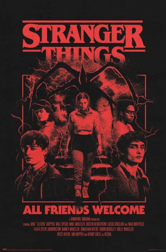 Poster Stranger Things met rode opdruk van personages en de titel "ALL FRIENDS WELCOME" op zwarte achtergrond.