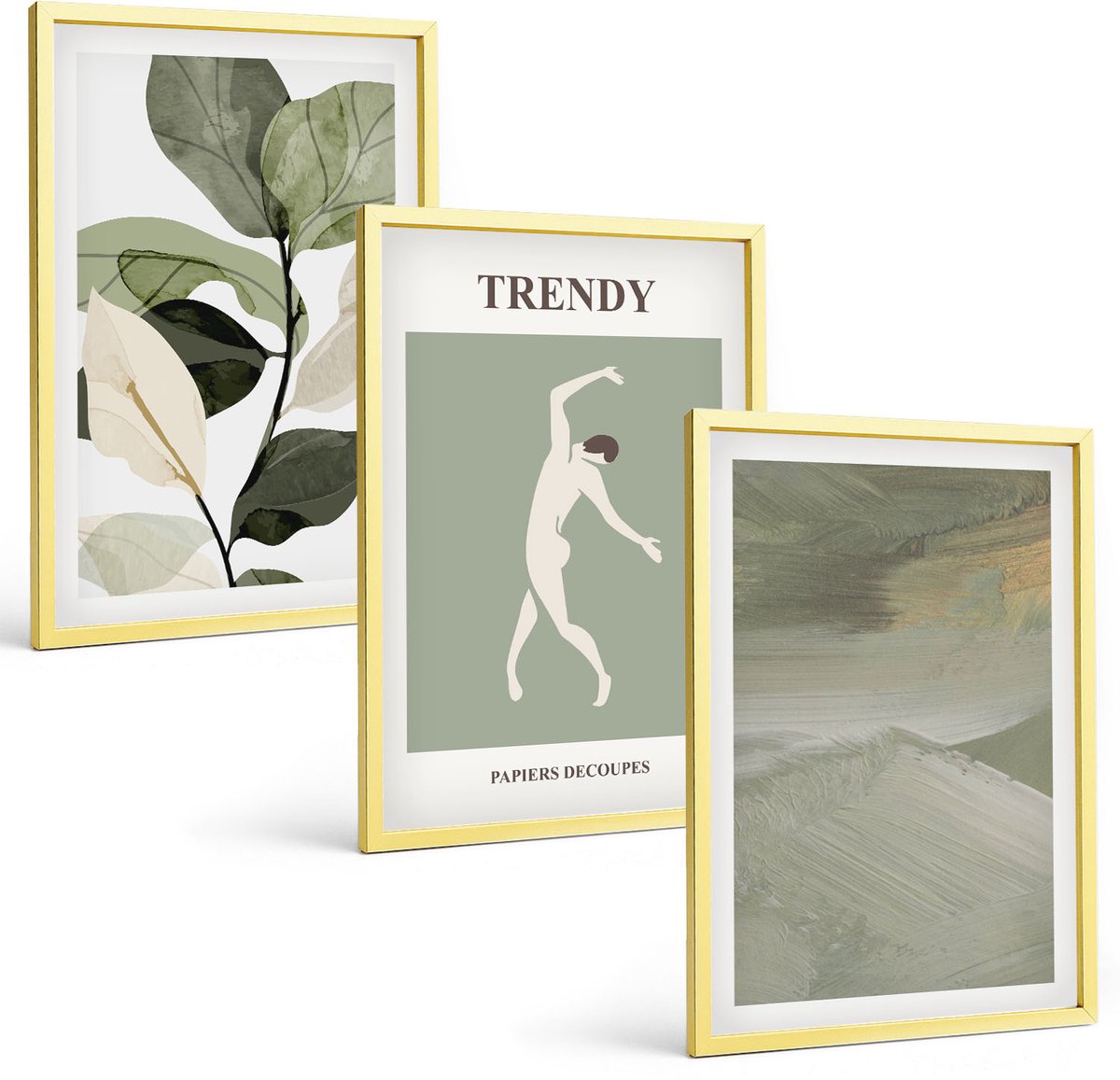 Coloray 3-Delige Schilderij Set - Plantenpatronen Met Silhouetten En Abstracte Vormen - 40 x 40 cm En 40 x 60 cm - Wanddecoratie - Moderne Interieurdecoratie - Moderne Wanddecoratie