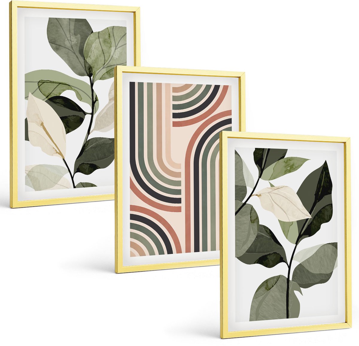 Coloray 3-Delige Schilderij Set - Plantmotieven Met Geometrische Patronen In Groene Tinten - 40 x 40 cm En 40 x 60 cm - Wanddecoratie - Moderne Interieurdecoratie - Woonkamer Decoratie