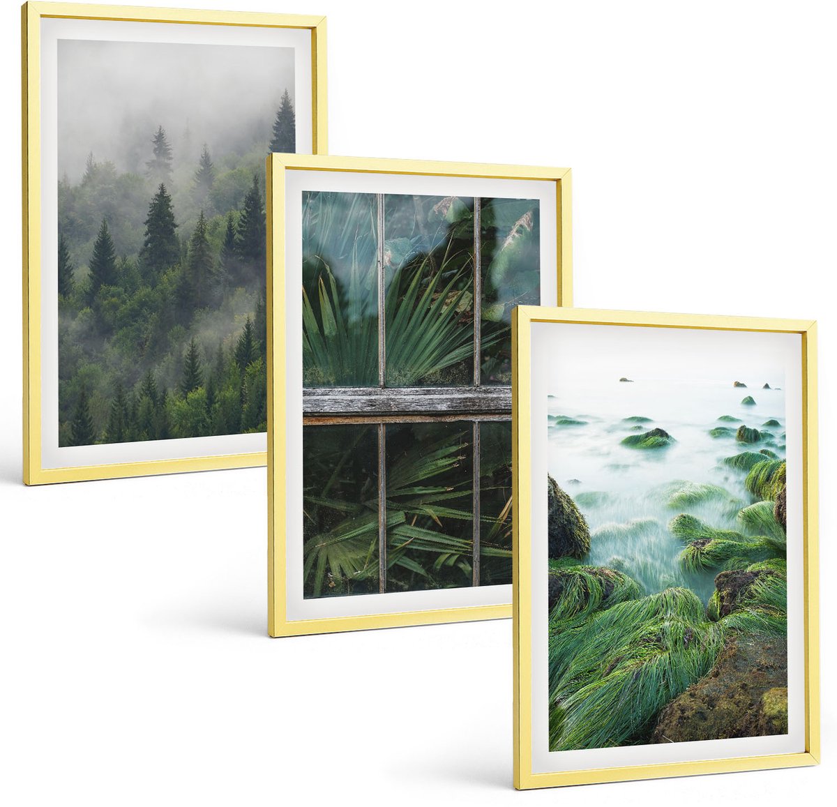 Coloray 3-Delige Schilderij Set - Bergen In Het Landschap, Een Rivier, Bloemen En Kraanvogels In Het Gras. - 40 x 40 cm En 40 x 60 cm - Wanddecoratie - Muurdecoratie - Woonkamer - Decoratieve Schilderijen