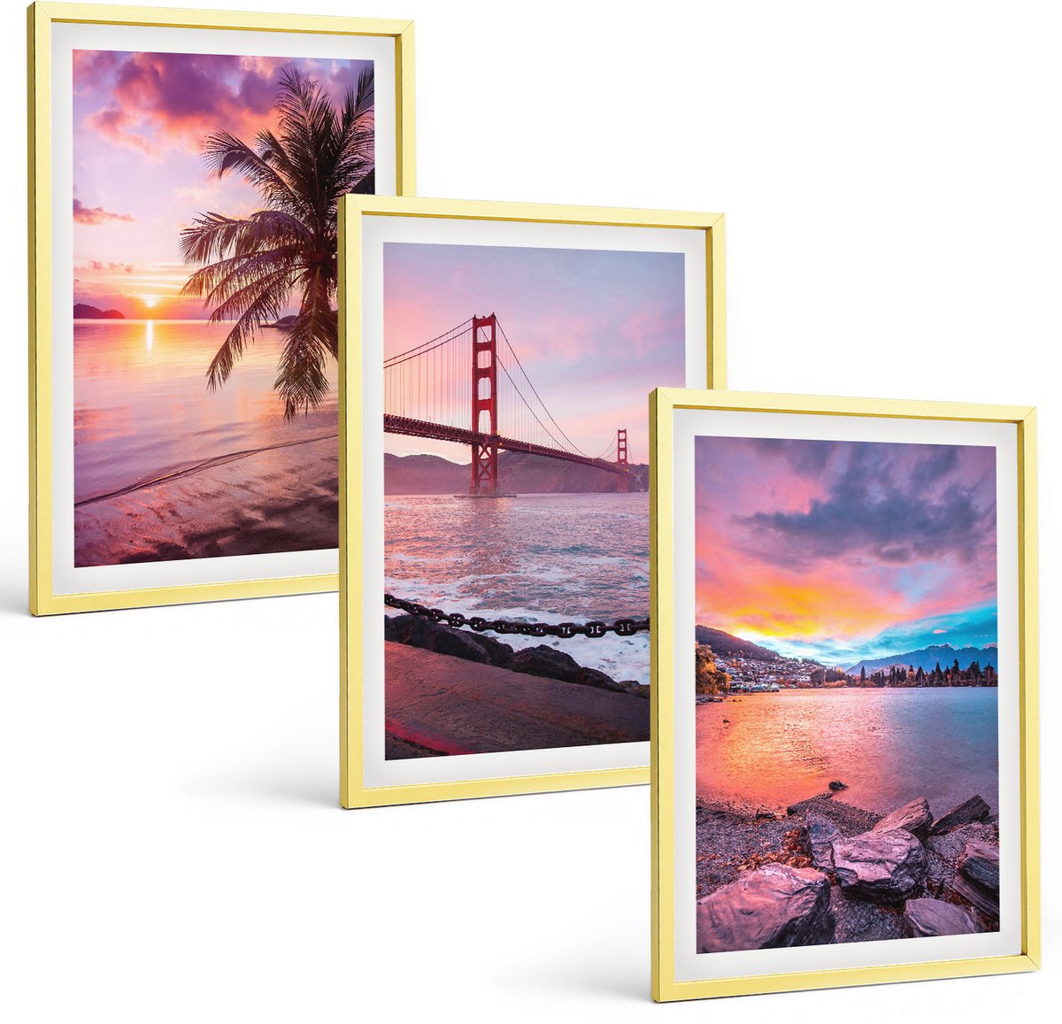 Coloray 3-Delige Schilderij Set - Uitzicht Op Zee, Zonsondergang, Kleurrijke Huizen, Bloemen - 40 x 40 cm En 40 x 60 cm - Wanddecoratie - Schilderijen Set - Interieur