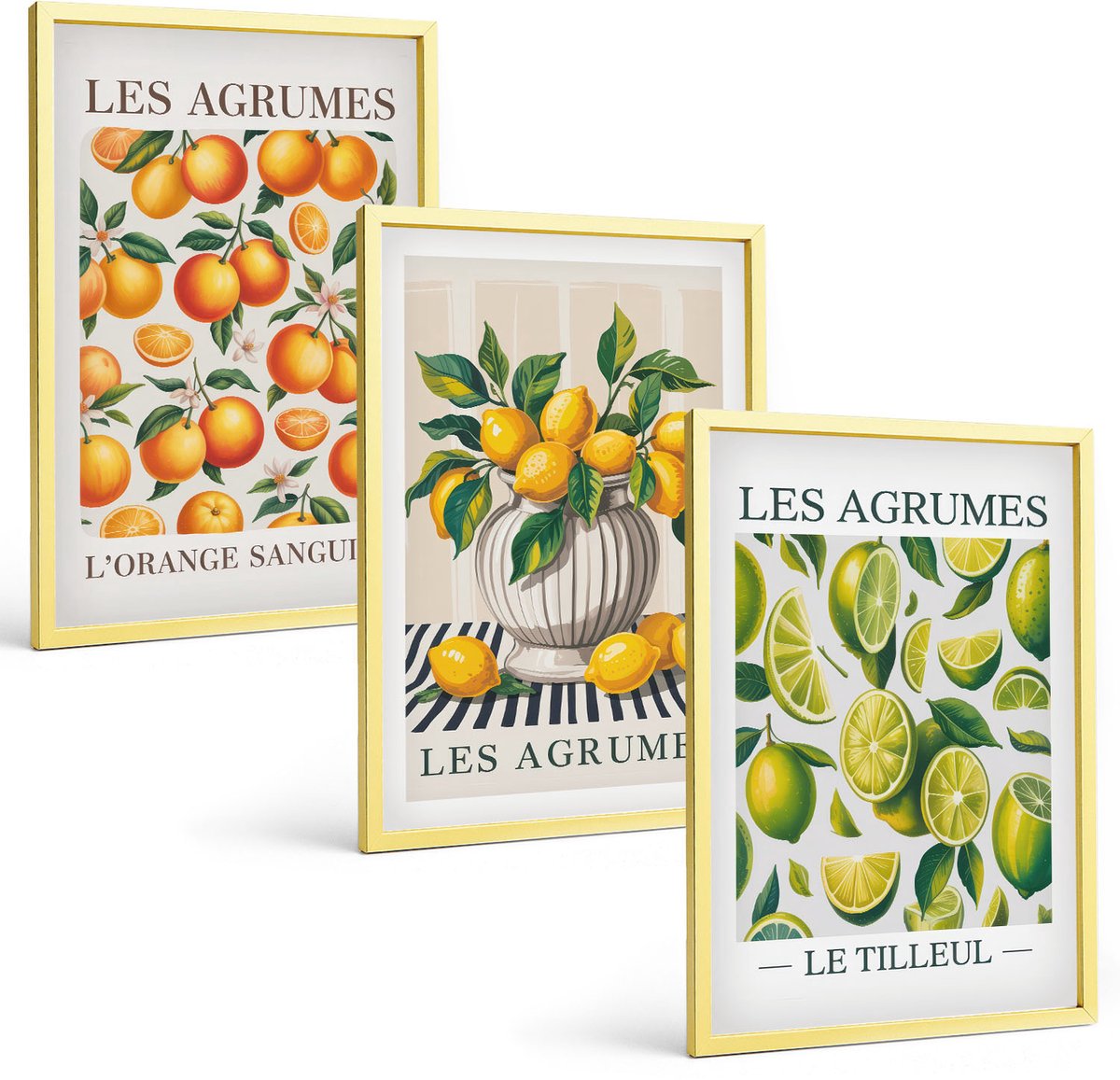 Coloray 3-Delige Schilderij Set - Citrusvruchten In Een Zonnige Tuinscène - 40 x 40 cm En 40 x 60 cm - Muurdecoratie - Wanddecoratie - Slaapkamer - Decoratieve Schilderijen