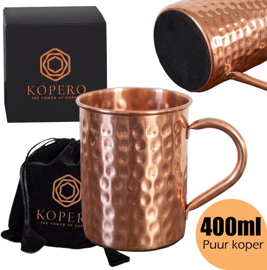 Koperen mok met hamer-effect, 400ml, puur koper. Inclusief zwarte draagzak en verpakking.