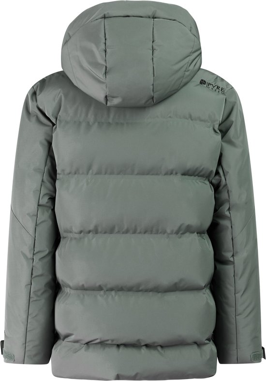 Grijze winterjas met capuchon en horizontale banen. Logo op linkerschouder.