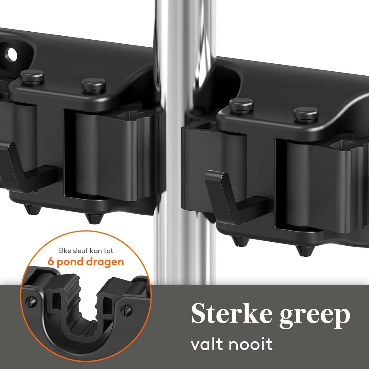 Ophangsysteem tuingereedschap - Zwart - 41 x 5,5 x 7 cm - Kunststof Bezem- en Dweilhouder met 5 Sleuven en 6 Haken - Voor Wandmontage