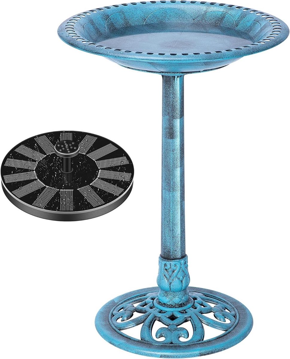 Vogelbad met fontein - Decoratieve waterkom - Vogels voeren - Zonne-energie aangedreven - 71 cm hoog - Blauw