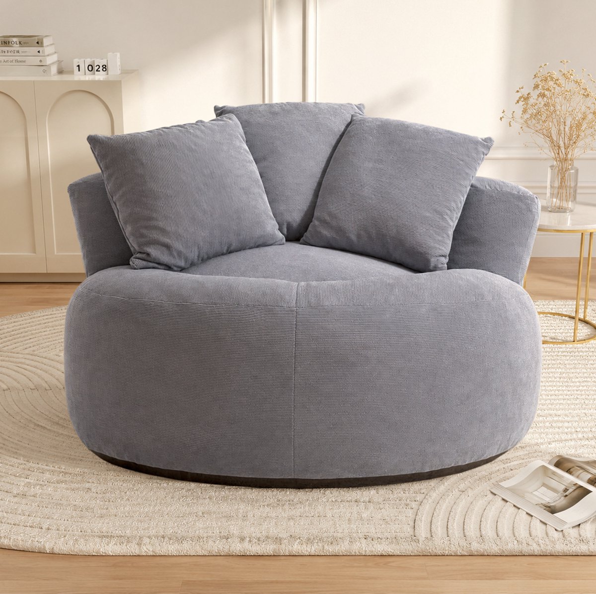 MIVRAY Zitzak 120 x 120 x 65 cm - Ronde Loungestoel Met Rugleuning En Schuimvulling - Voor Woonkamer En Slaapkamer - Ribfluweel Grijs