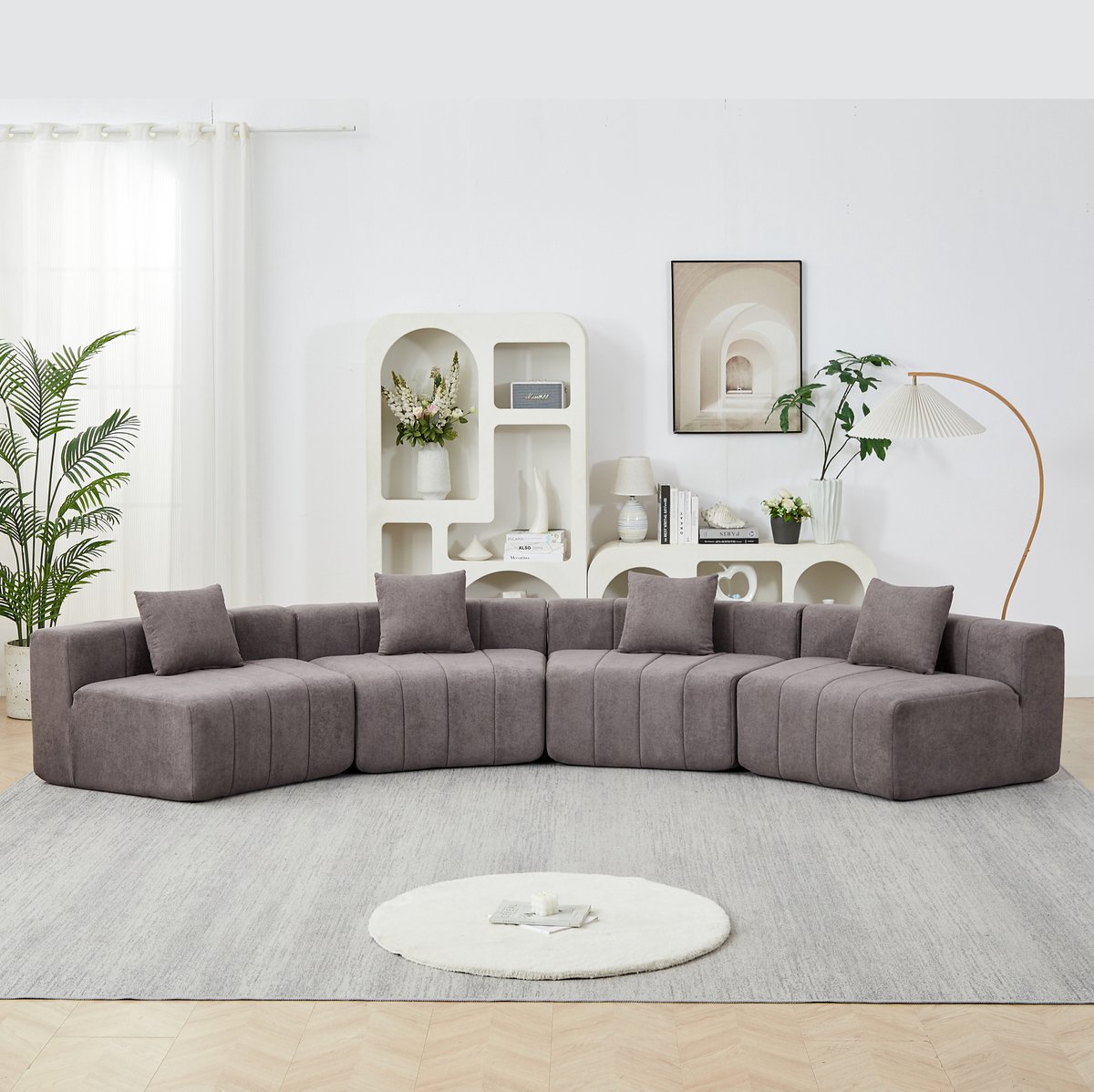 FloraGrace Bankonderdeel – Gebogen Chenille Sofamodule Met 2 Kussens – Modulair Halfrond Design Voor Woonkamer, Slaapkamer Of Kantoor – Stof – Grijs
