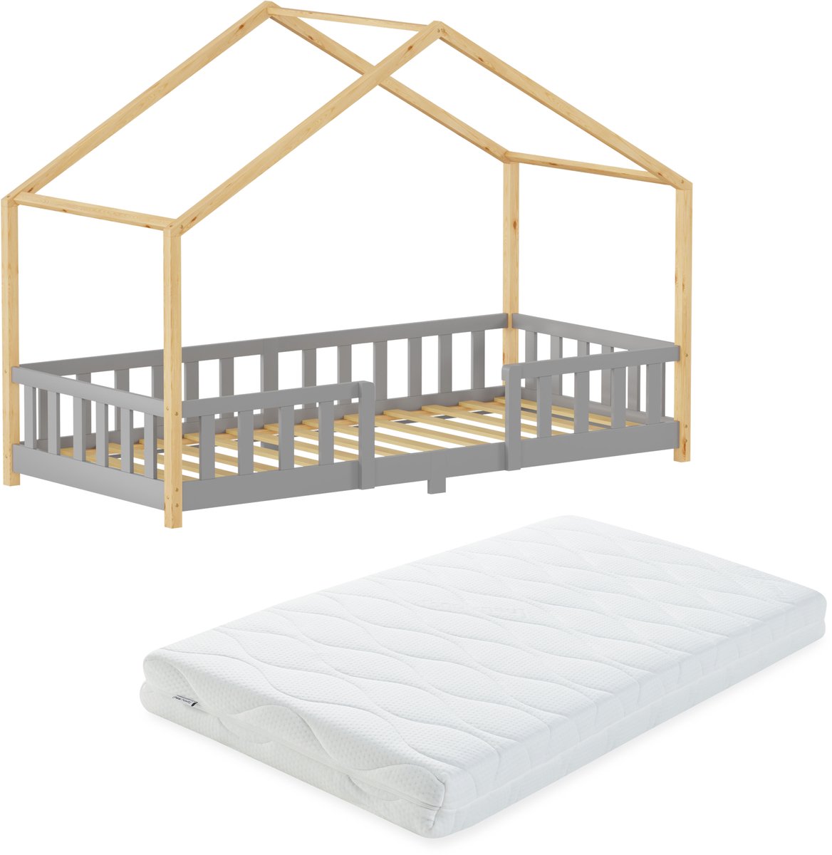 Kinderbed Treviolo met uitvalbeveiliging en matras 90x200 cm lichtgrijs en naturel [en.casa]