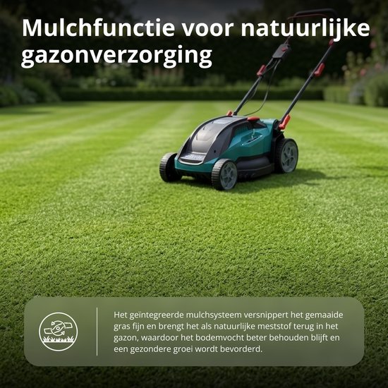 Teal-kleurige grasmaaier met merklogo op gras. Mulchfunctie voor natuurlijke gazonverzorging.