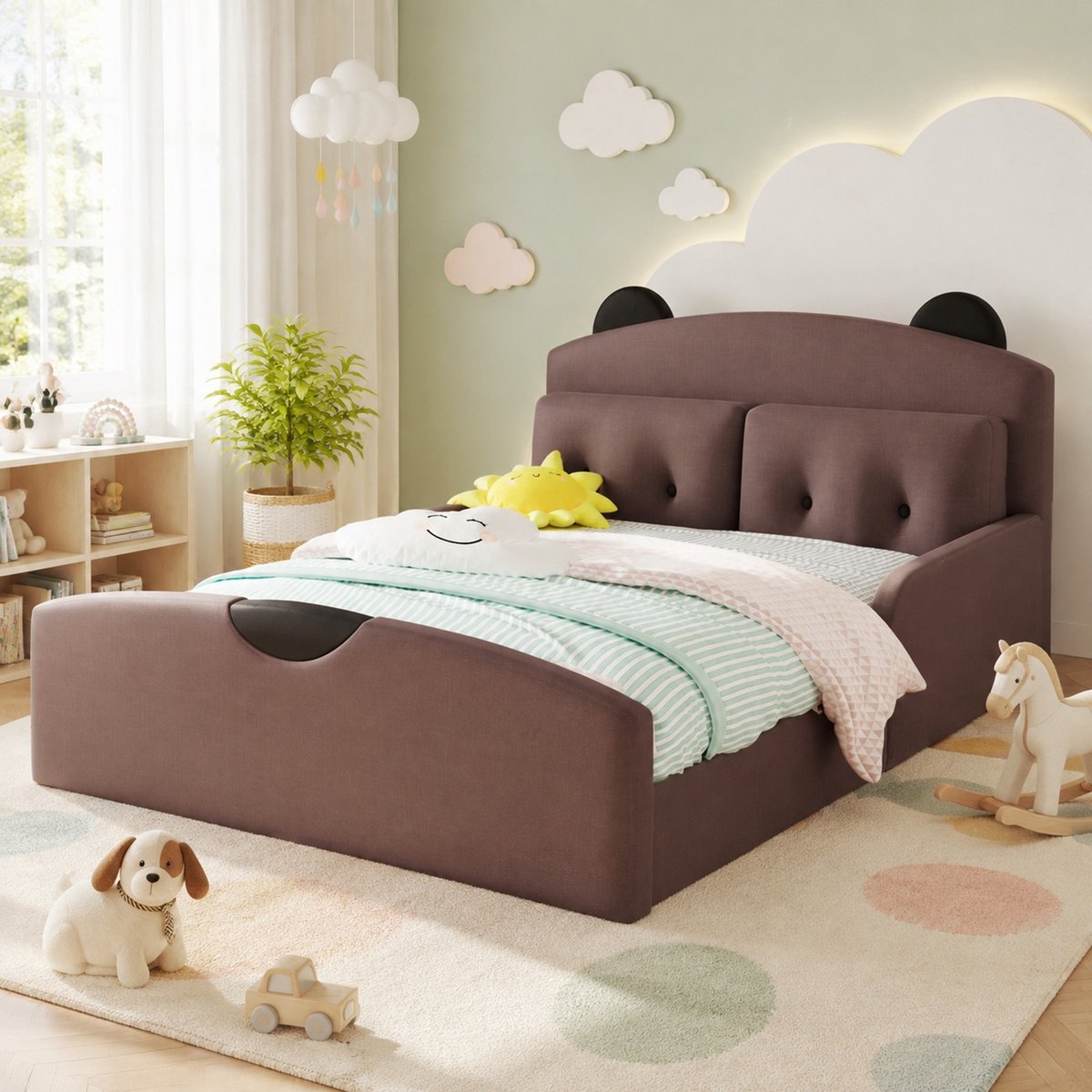 FloraGrace Gestoffeerd Bed 140x200cm - Beren-Design Bedframe Met Lattenbodem - 2 Sierkussens - Kinderkamer - Stof - Coffee - Zonder Matras