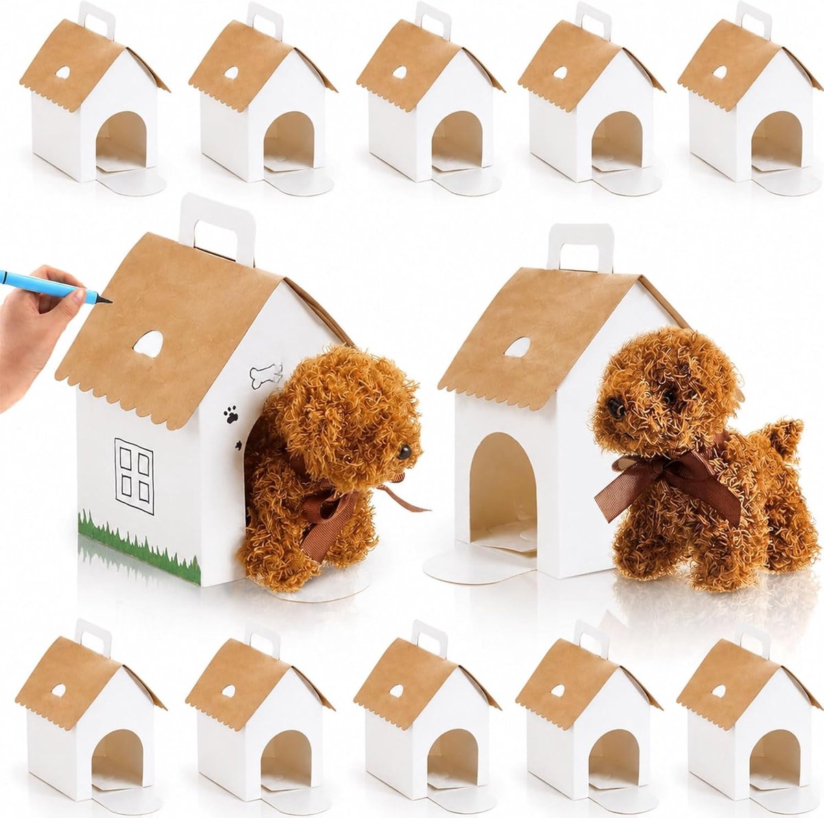 SnelShoppen - 12-delige set hondenhut cadeau doos karton, opvouwbaar met deur & handvat, knutselen voor kinderverjaardag, pet party decoratie, DIY hon