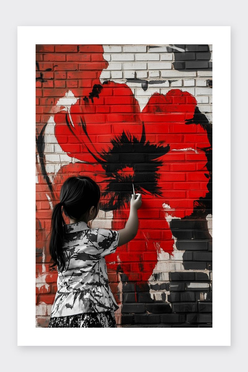 Meisje Poster - Muurkunst - Bloem - Kunst - Streetart - Muurschildering - Banksy Geïnspireerd - Geïnspireerd door Banksy - Kinderkamer - Kinder - posters - formaat 30x40cm - Wanddecoratie - BXS5438PVD - Met kader - passe-partouts stijl
