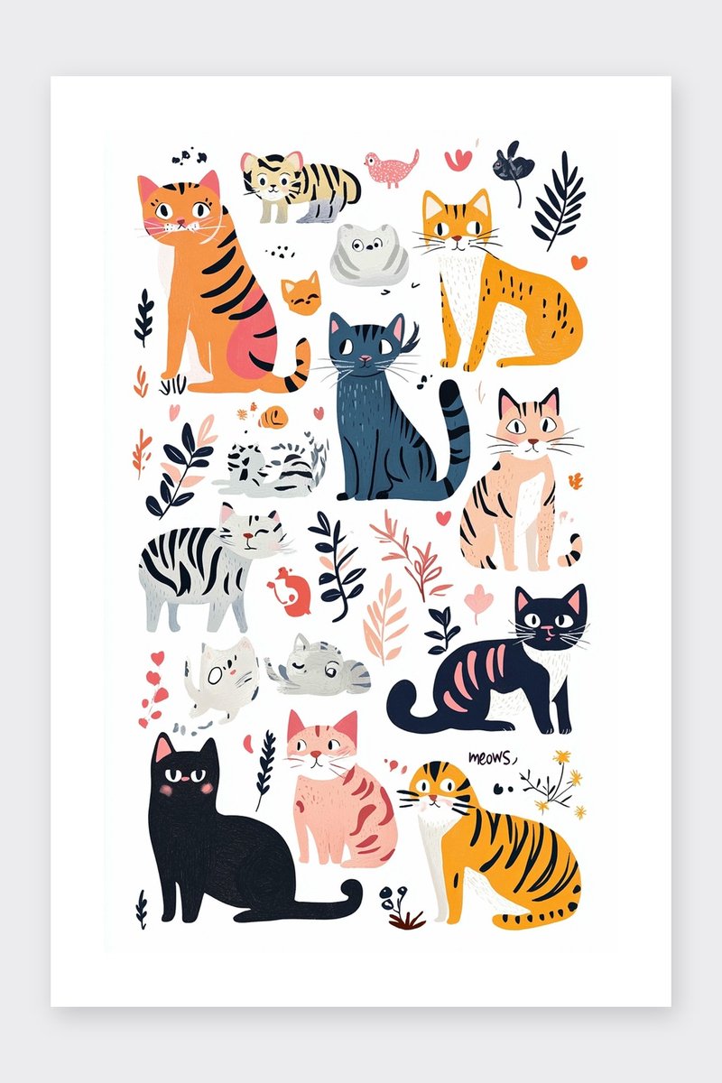 Katten Poster - Dieren Posters - Kunst - Passe-Partouts Effect - Wanddecoratie Kinderkamer - 180 gram papier - BL5739AZ - Formaat 70 x 100cm
