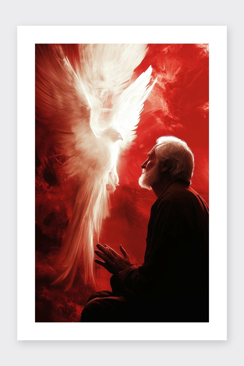 Man Poster - Biddend - Heilige Geest - Spiritueel - Kunst - Mystiek - Vogel - posters - formaat 30x40cm - Wanddecoratie - BXS5432PVD - Met kader - passe-partouts stijl