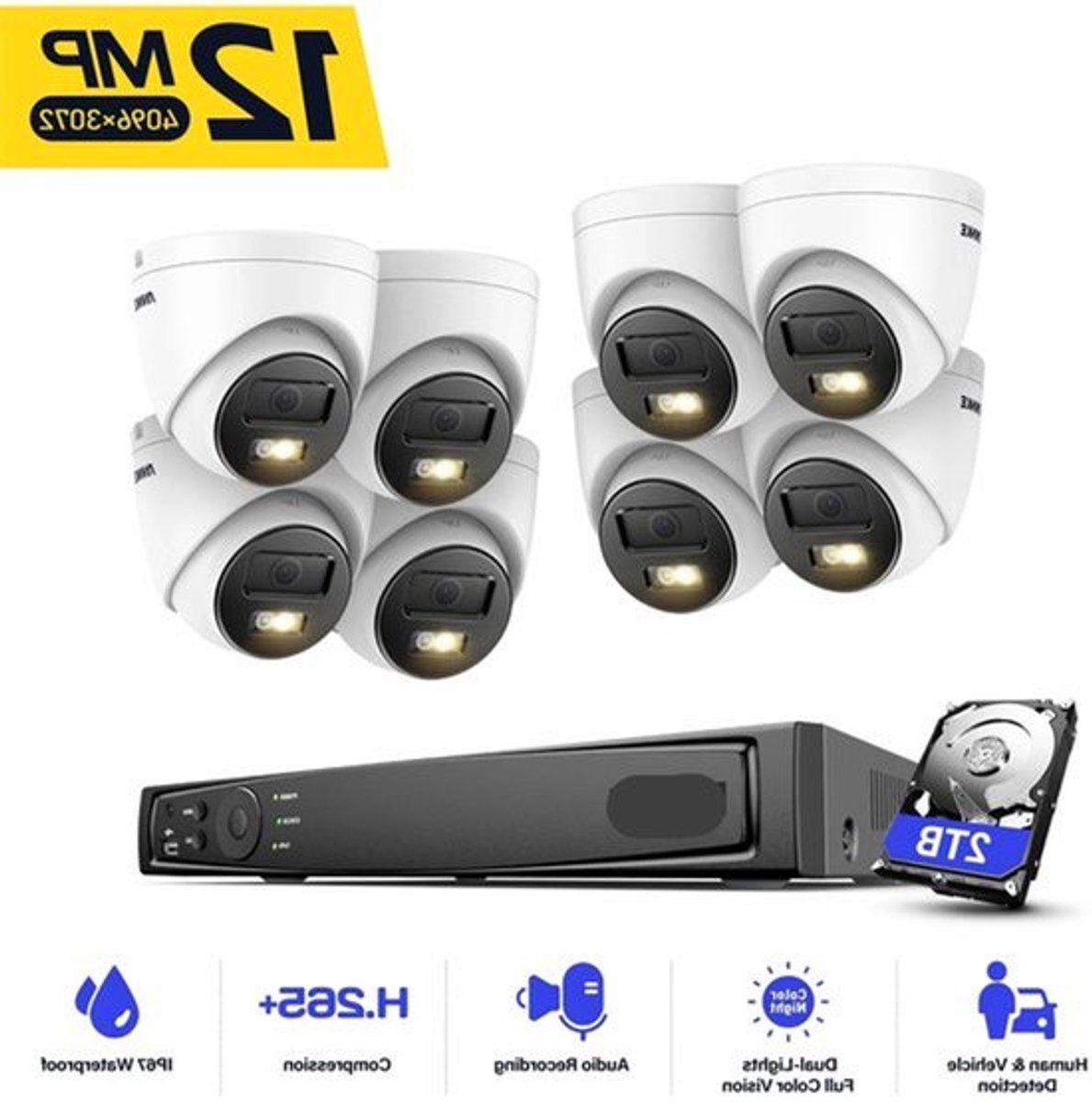 Beveiligingscamerasysteem - Camerabewaking - Beveiligingscamera - met Nachtzicht - 12MP - 8 PoE Camera's en NVR - 4K HDMI - Tweeweg Audio - Bewegingsdetectie - Ingebouwde HDD: 2TB