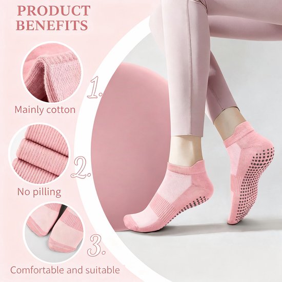 Set van 4 paar antislip-sportsokken - Stijl voor pilates en yoga (dames) - Eén maat (geschikt voor maat 36–41) - Zool met grip - Geschikt voor ballet, dans, revalidatie en fitness - Unisex - Zwart + Wit + Grijs + Roze — afbeelding 5