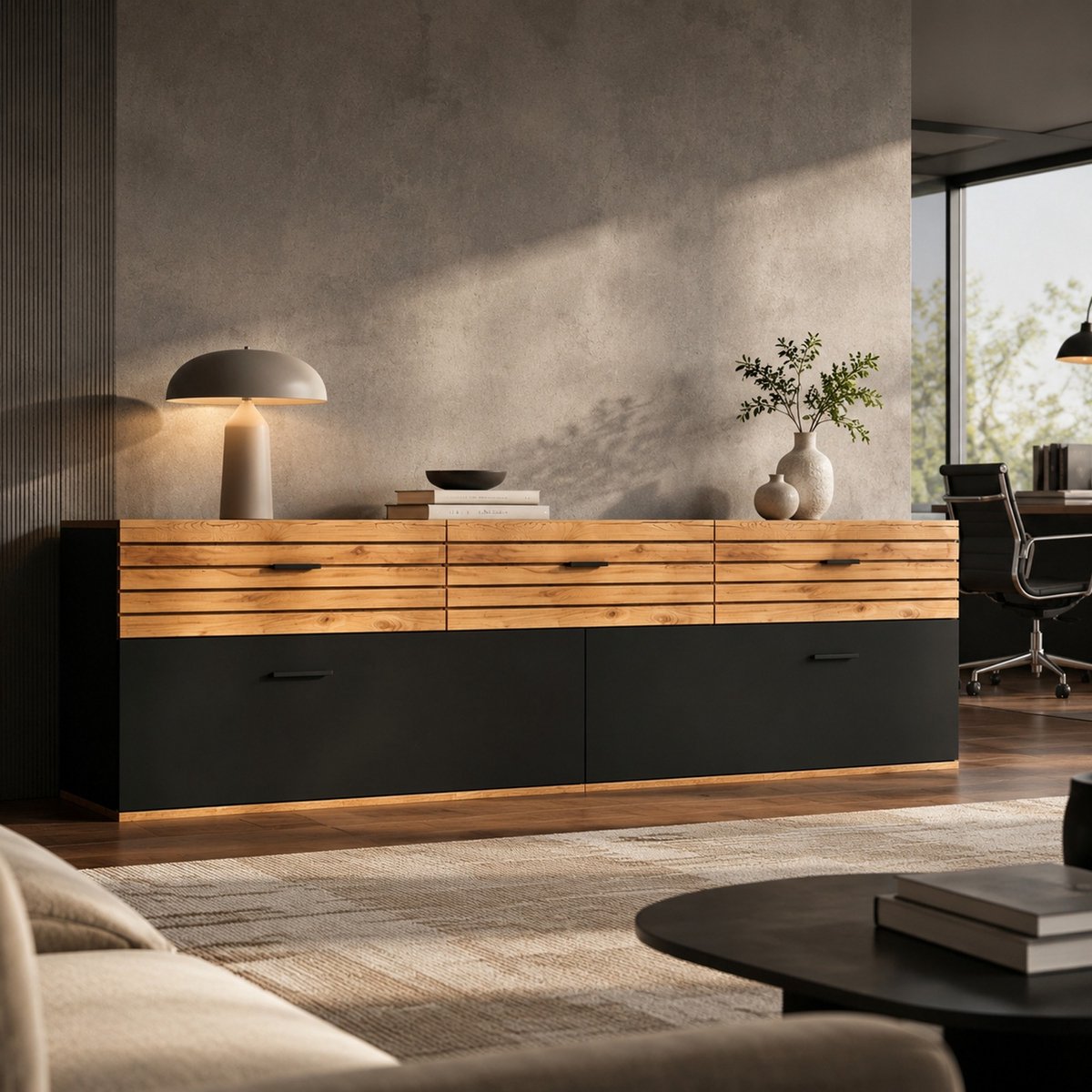 REDOM - TV-meubel - 3 lades en 2 kleppen - 3 opbergvakken - Industrieel - Woonkamer, slaapkamer en eetkamer - MDF en spaanplaat - Naturel en zwart - 168 x 38 x 59 cm