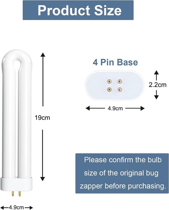 15 W UV-vervangende lamp voor insectenverdelger, 4-pins sokkel, U-vormige gloeilampen, 19 x 4,9 x 2,2 cm, 1 stuks — afbeelding 3